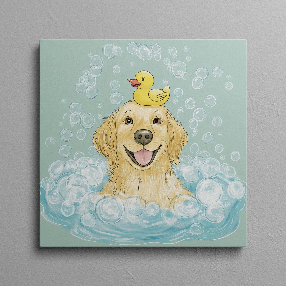 Golden Retriever Taking A Bubble Bath With Rubber Duck Wall Art