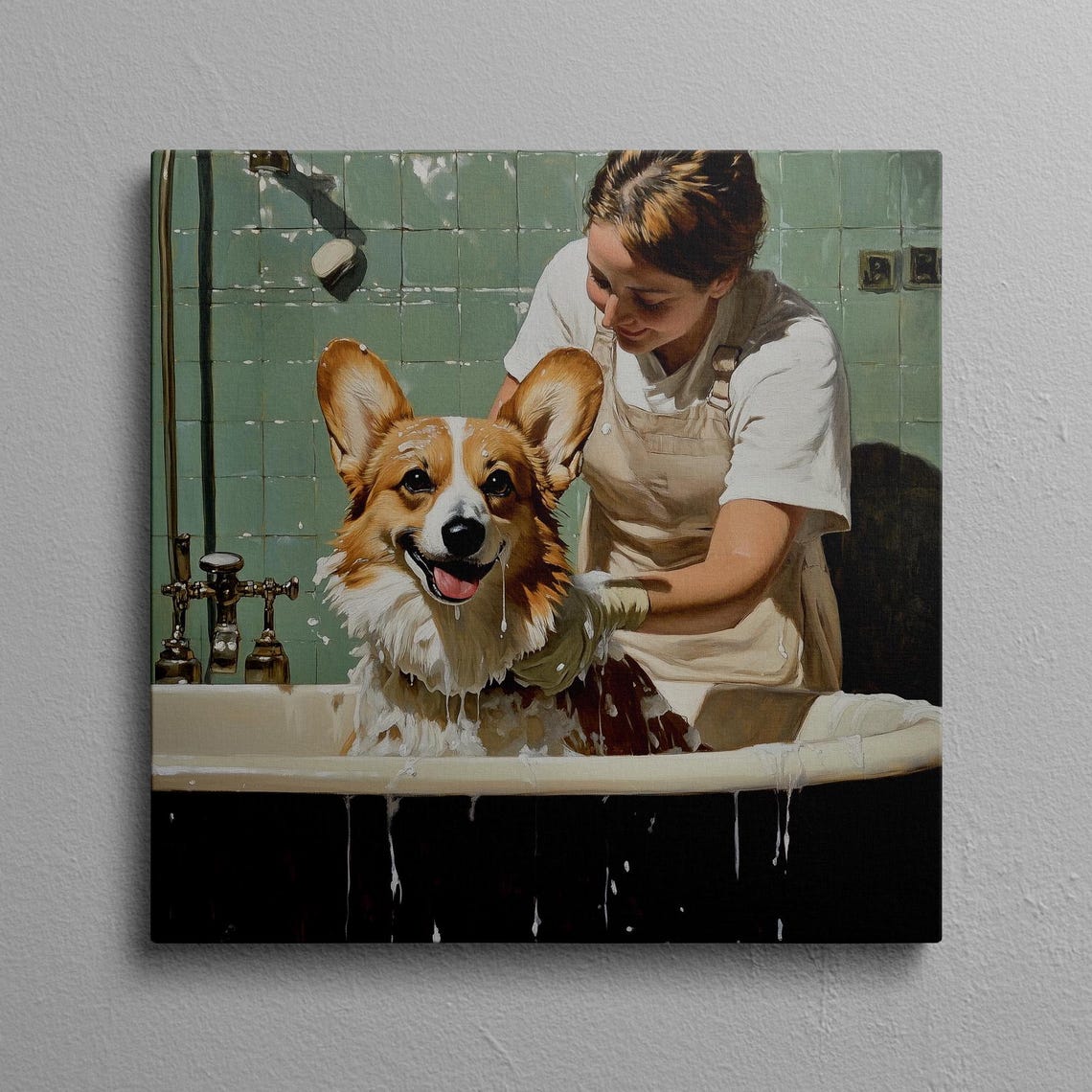 Woman Bathing a Soapy Corgi in a Vintage Green Bathtub Poster