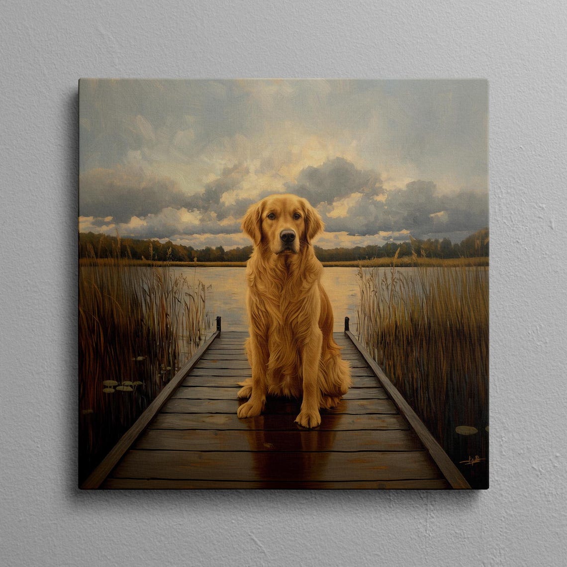Golden Retriever Lake House Art Golden Retriever On The Dock Wall Decor Lake Cabin Dog Artwork Dog Nature Fishing Print
