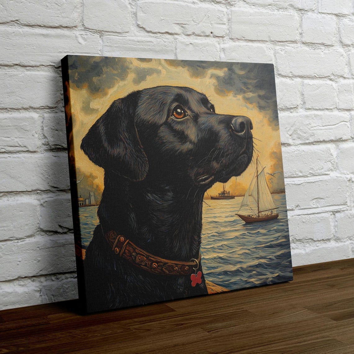 Black Labrador On A Boat At Sunset Watching A Sailboat Poster - Image 4