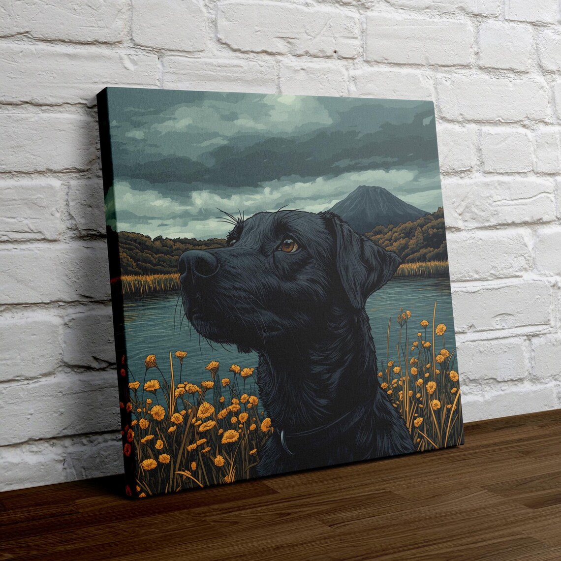 Black Lab by a Mountain Lake in Yellow Flowers Scenic Poster - Image 4