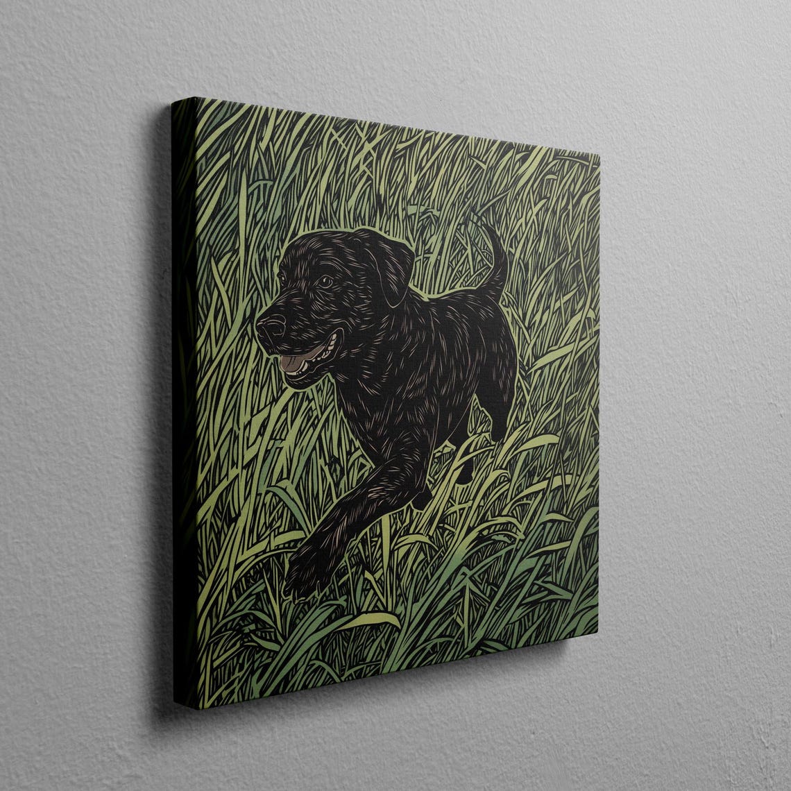 Black Lab Running Through Tall Green Grass Linocut Style Poster - Image 2