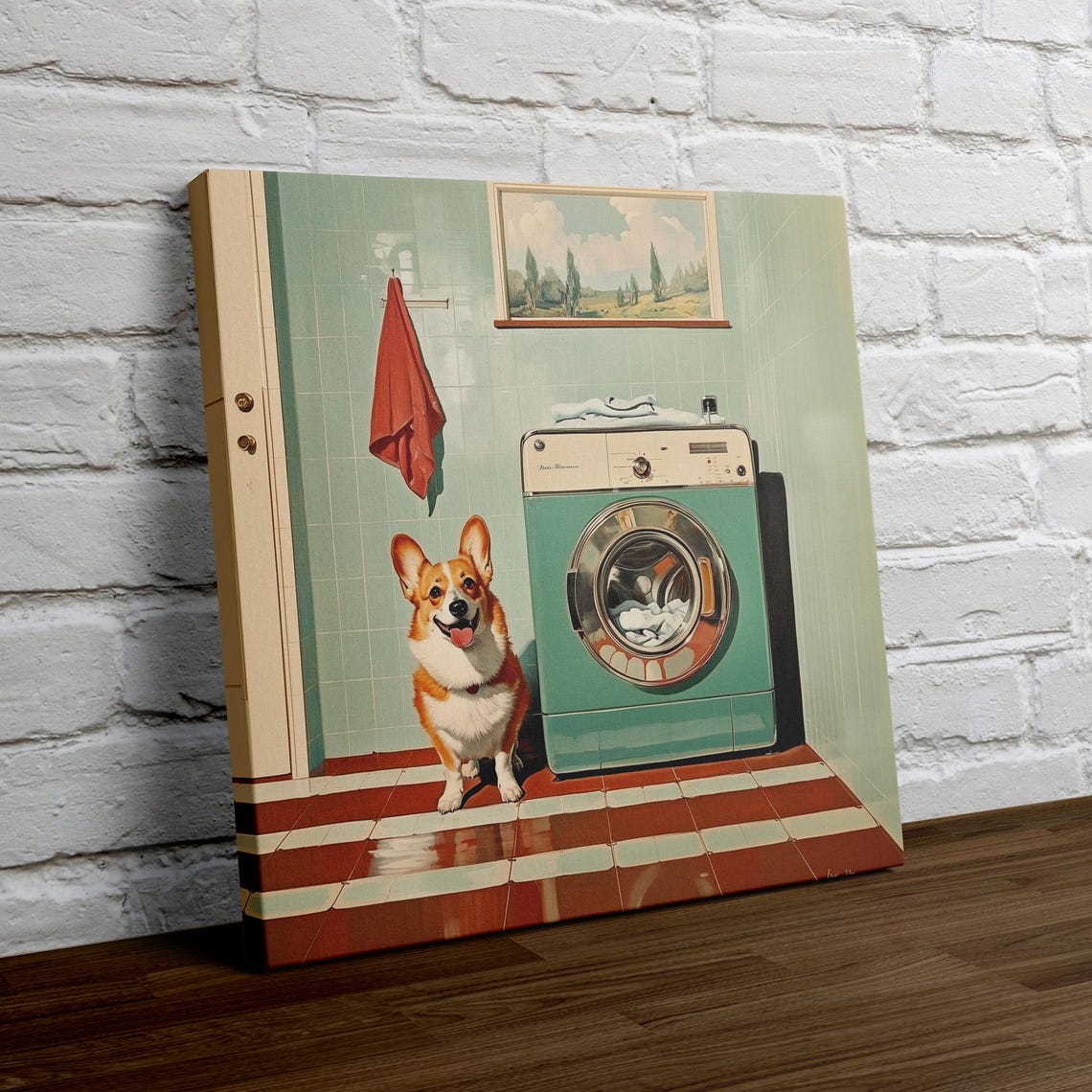 Corgi Laundry Helper Sitting by a Retro Washing Machine Poster - Image 4