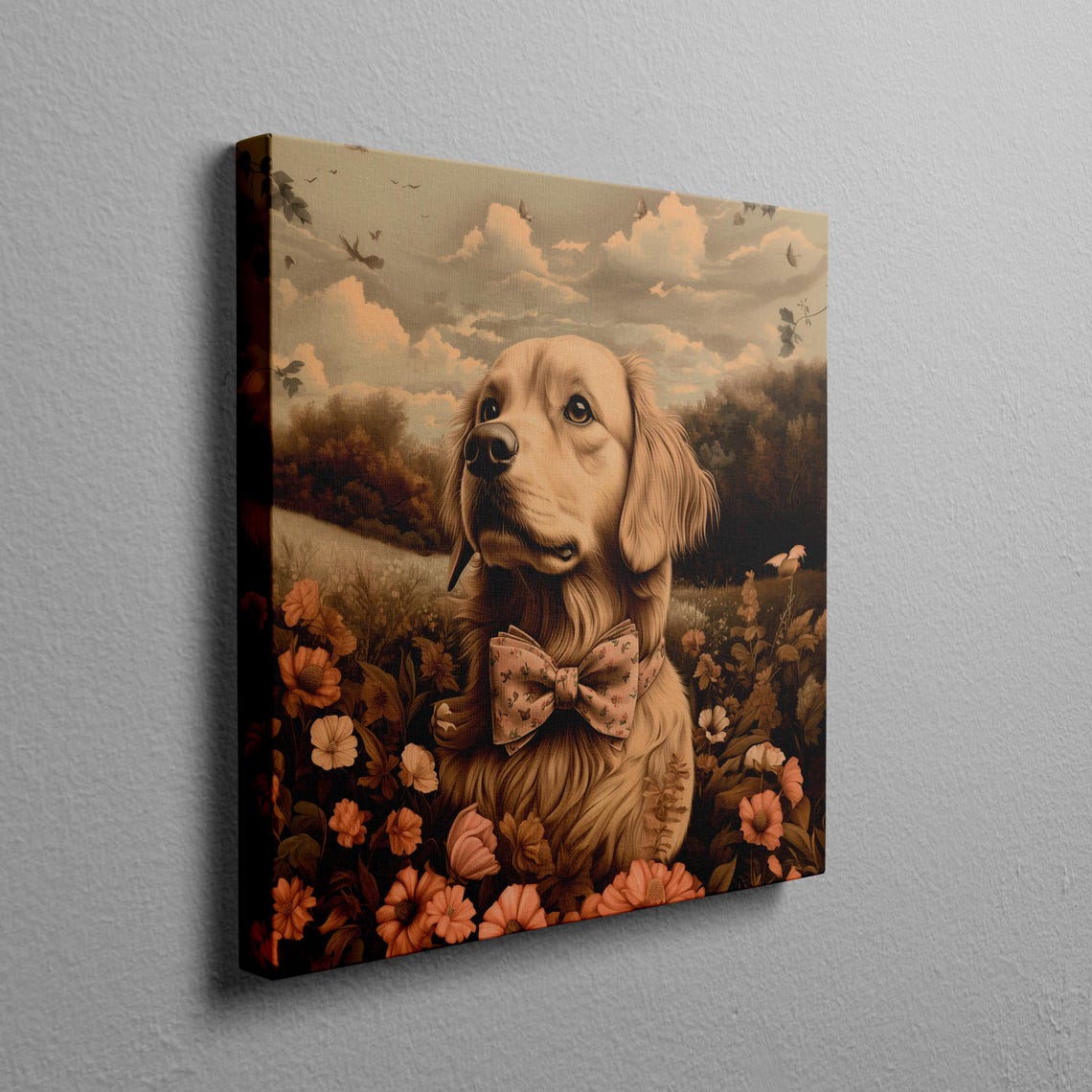 Golden Retriever With Bow Tie in a Flower Field Vintage Poster - Image 2