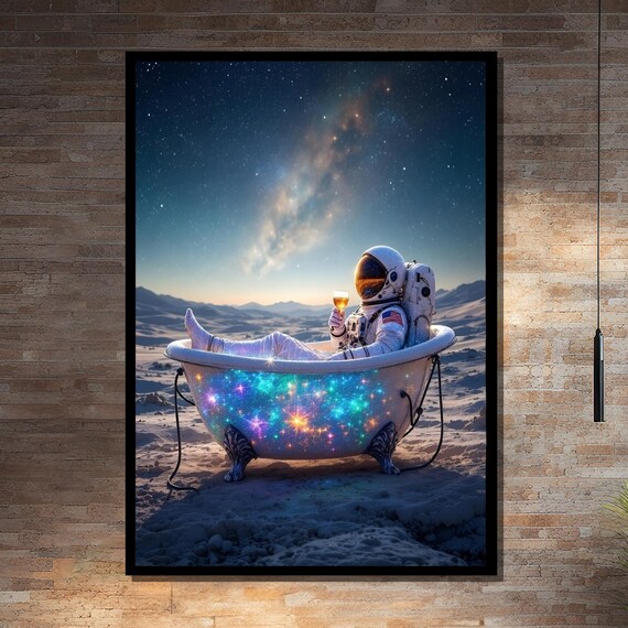 Astronaut Relaxing In Starry Bathtub, Office Wall Art