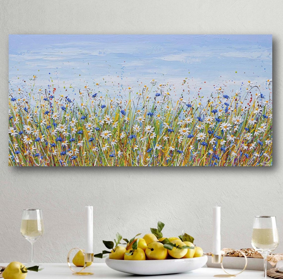 Daisies Cornflowers Panoramic Wildflower Field Blue Sky Wall Poster