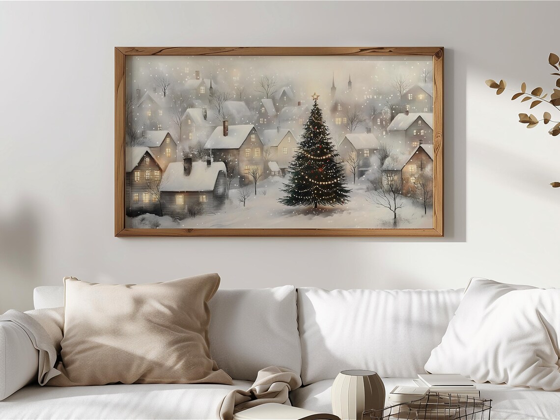 Christmas Tree Frame TV Art, Snowy Winter Village - Image 2