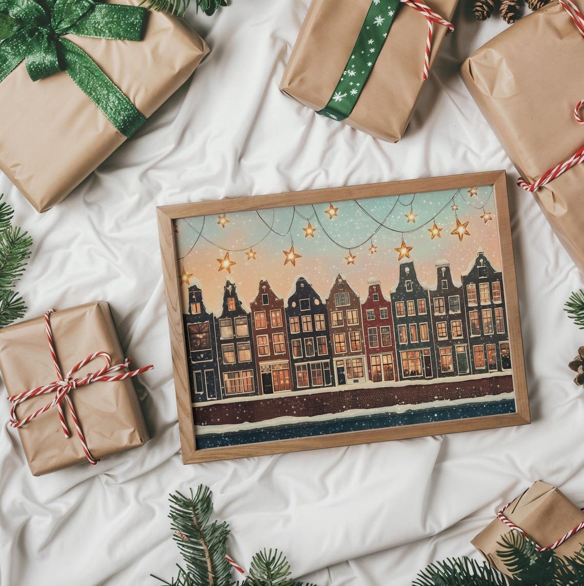Snowy Amsterdam Canal Houses With Glowing Star Lights At Night Poster - Image 6