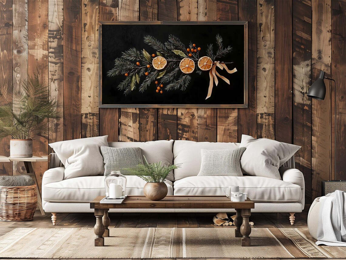 Moody Christmas Garland Pine Dried Orange Berries Black Art Poster - Image 3