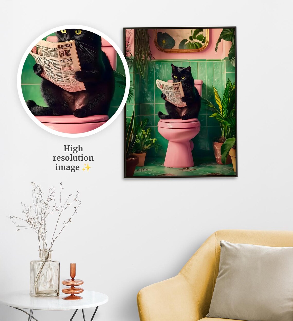 Funny Black Cat Reading Newspaper On Pink Toilet Bathroom Wall Art Poster - Image 4