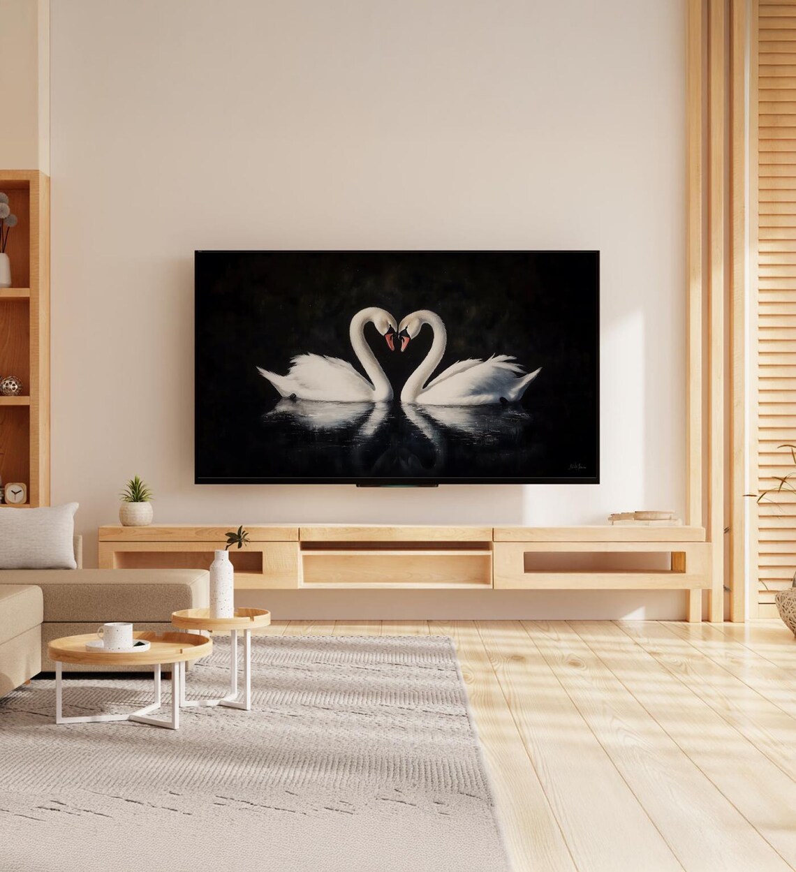 Two White Swans Heart Shape Dark Moody Black Lake Painting Poster - Image 7