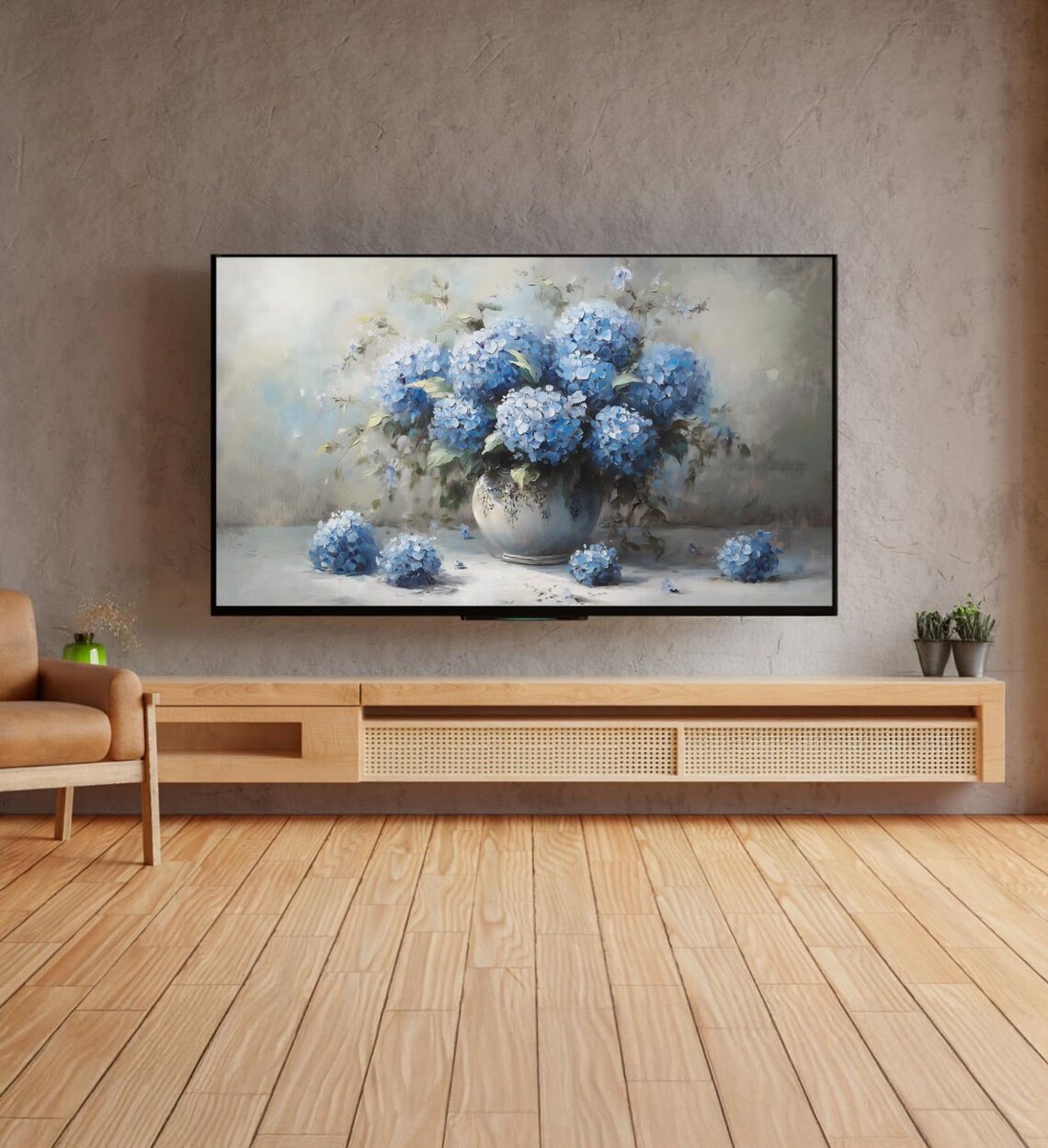 Blue Hydrangeas In Vase Soft Floral Still Life Oil Painting Art Poster - Image 4