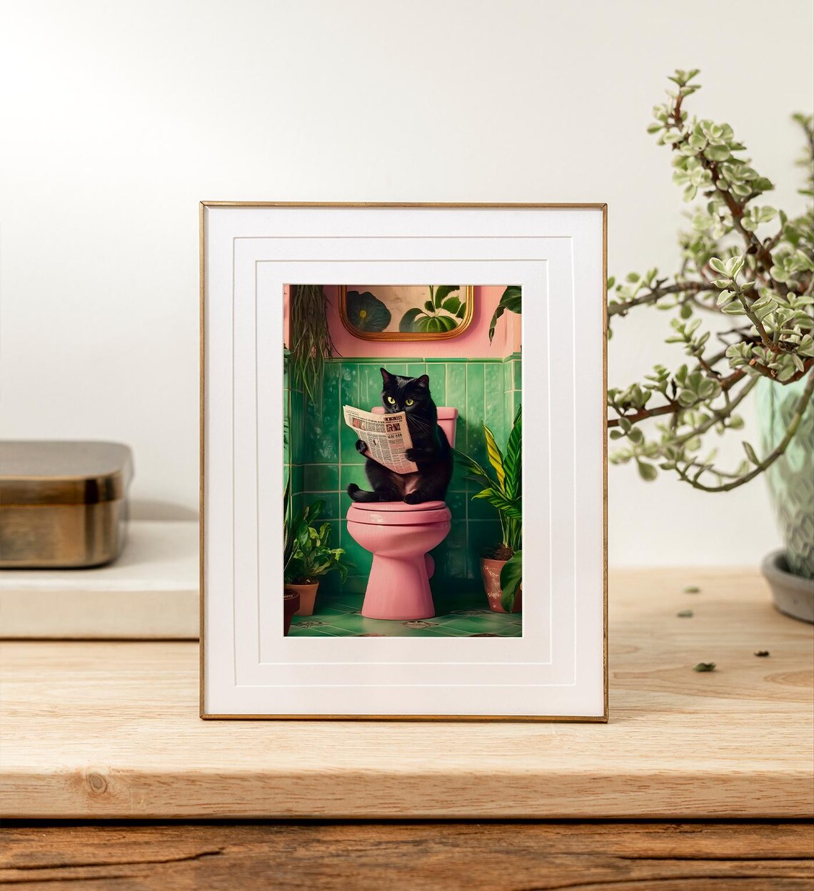 Funny Black Cat Reading Newspaper On Pink Toilet Bathroom Wall Art Poster - Image 5
