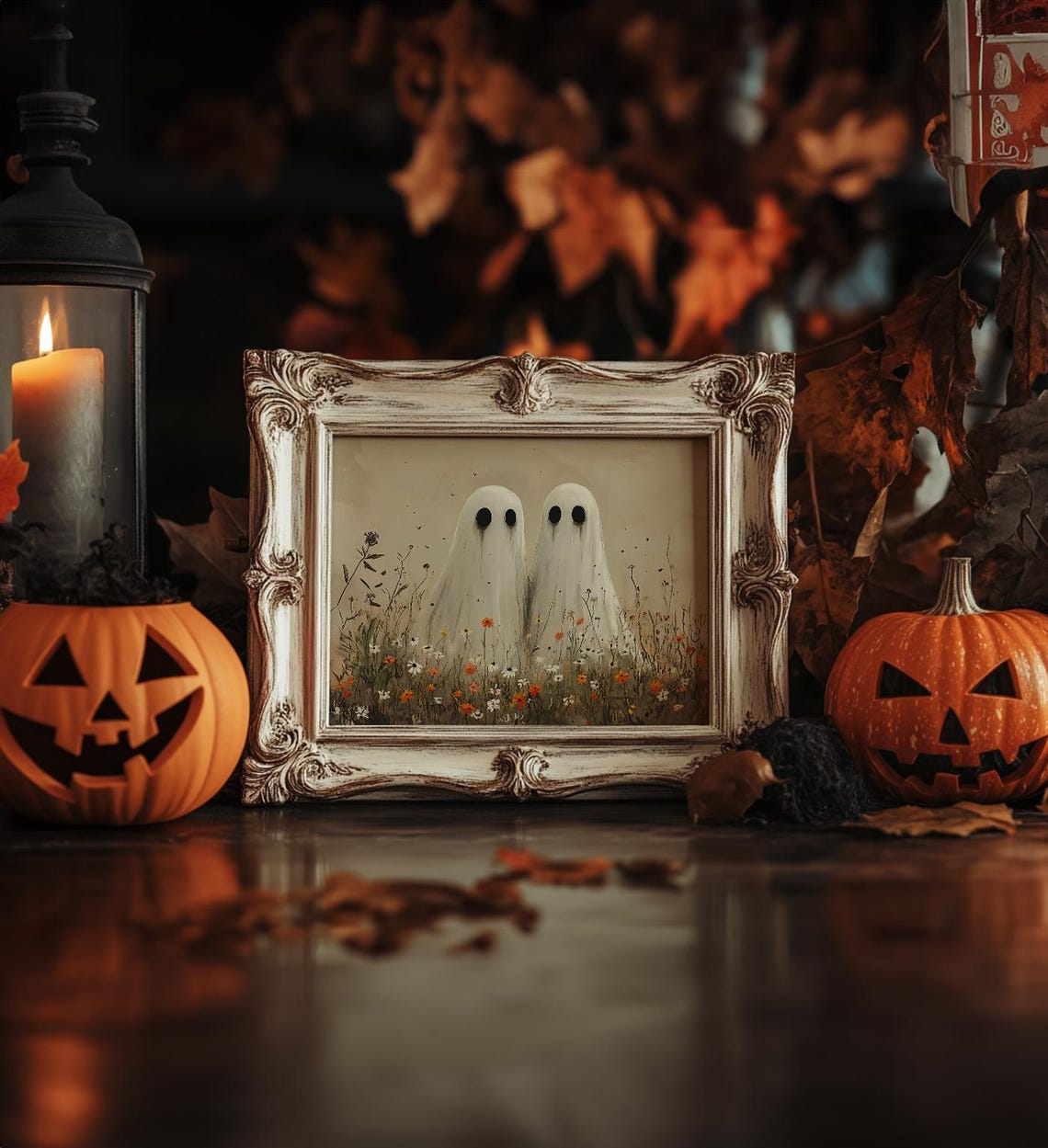 Two Cute Ghosts In Wildflower Meadow Vintage Halloween Fall Wall Art - Image 7