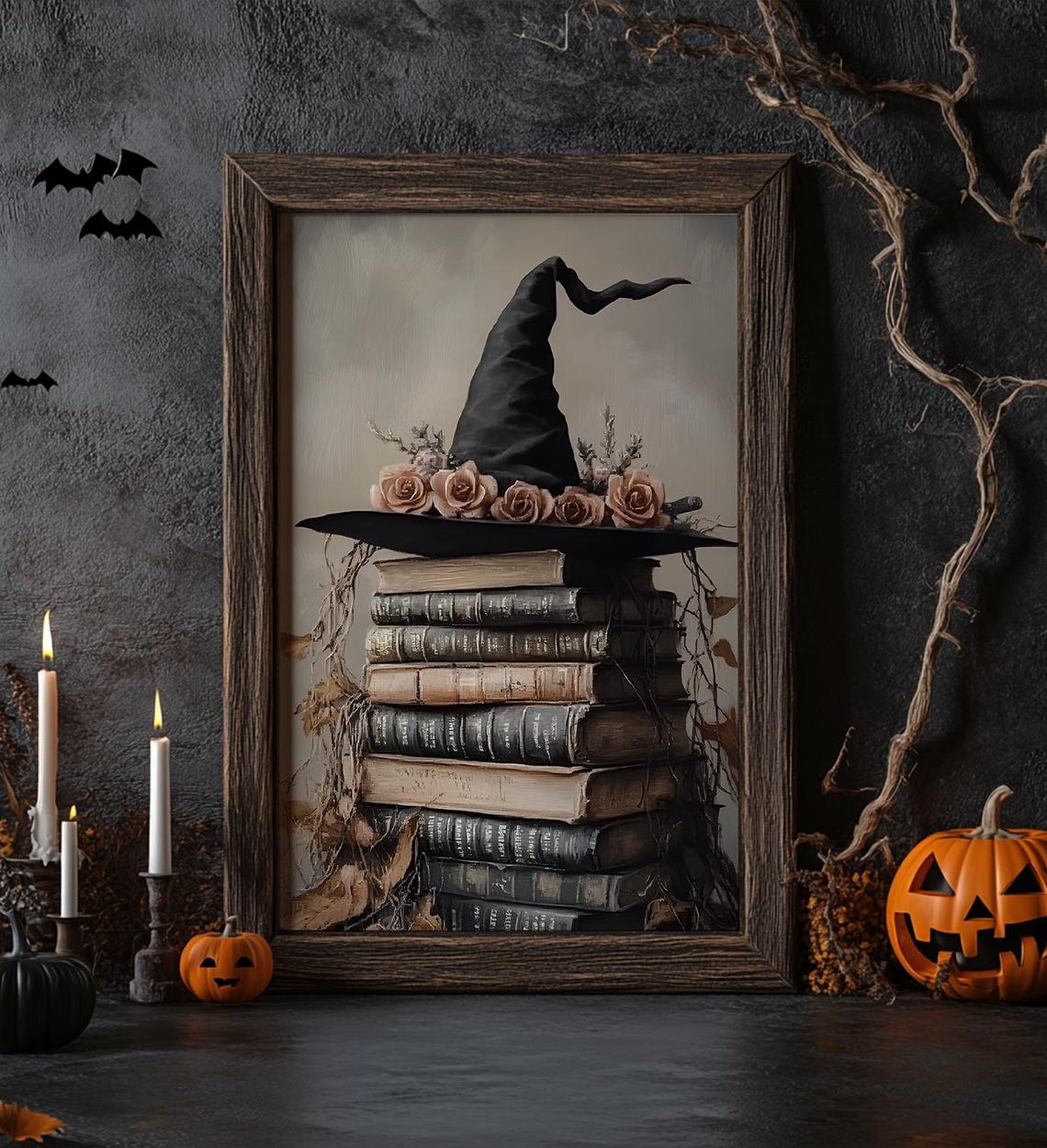 Witch Hat With Roses On Stack Of Vintage Spell Books Halloween Print - Image 6