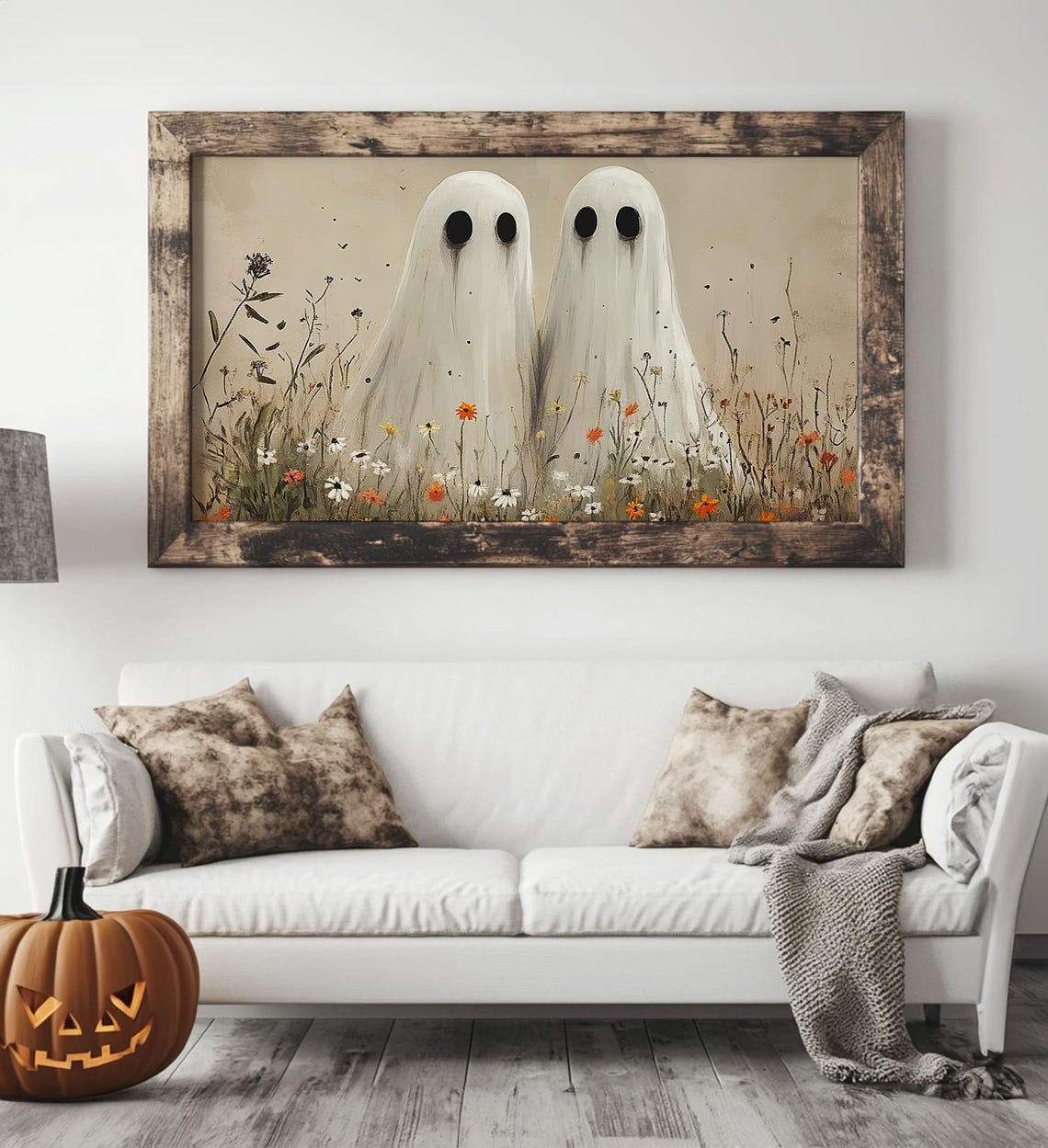 Two Cute Ghosts In Wildflower Meadow Vintage Halloween Fall Wall Art - Image 4