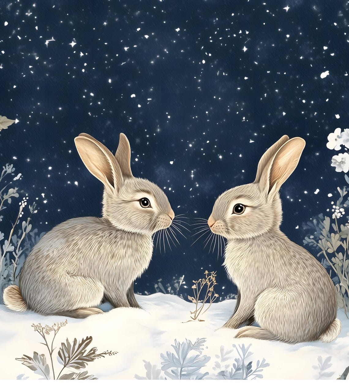 Two Rabbits Winter Night Starry Snow Sweet Bunny Painting Art Poster - Image 7