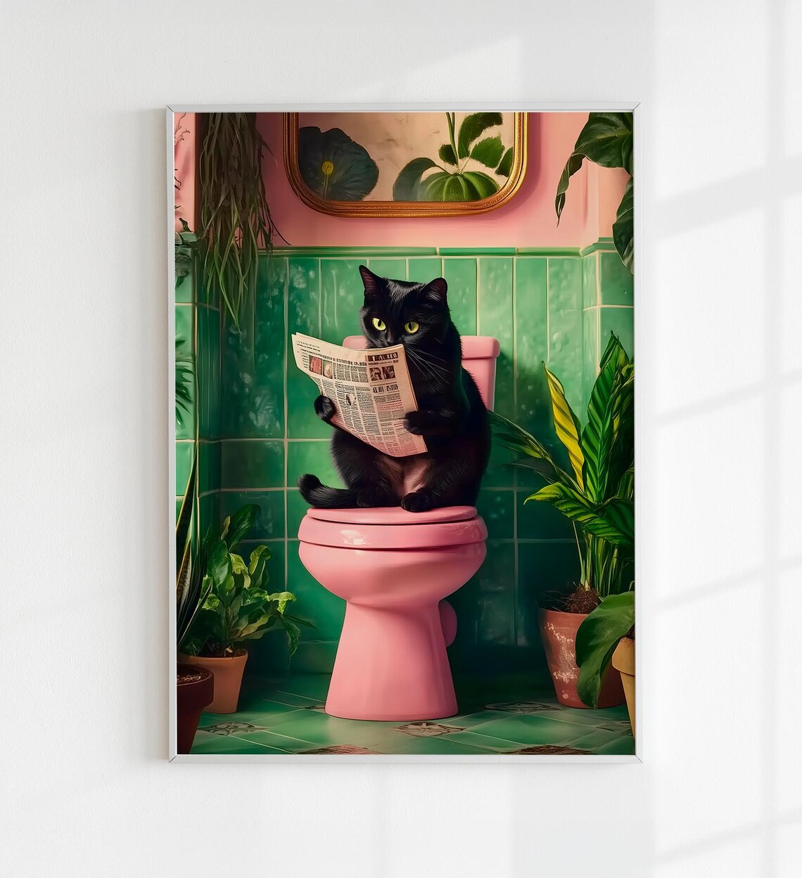 Funny Black Cat Reading Newspaper On Pink Toilet Bathroom Wall Art Poster