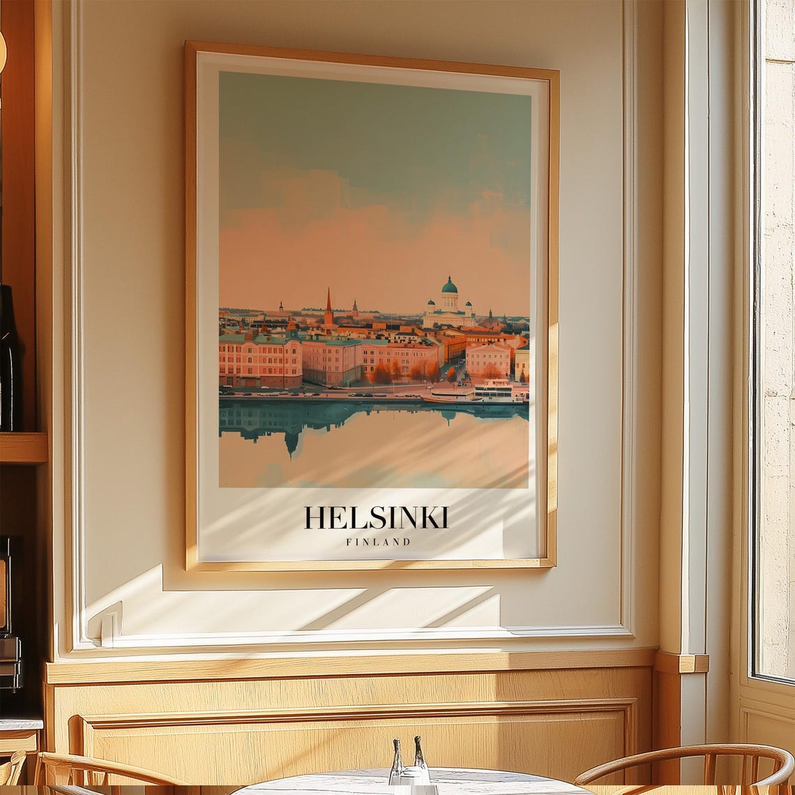 Helsinki Finland Vintage Travel Poster Harbor and Cathedral at Sunset