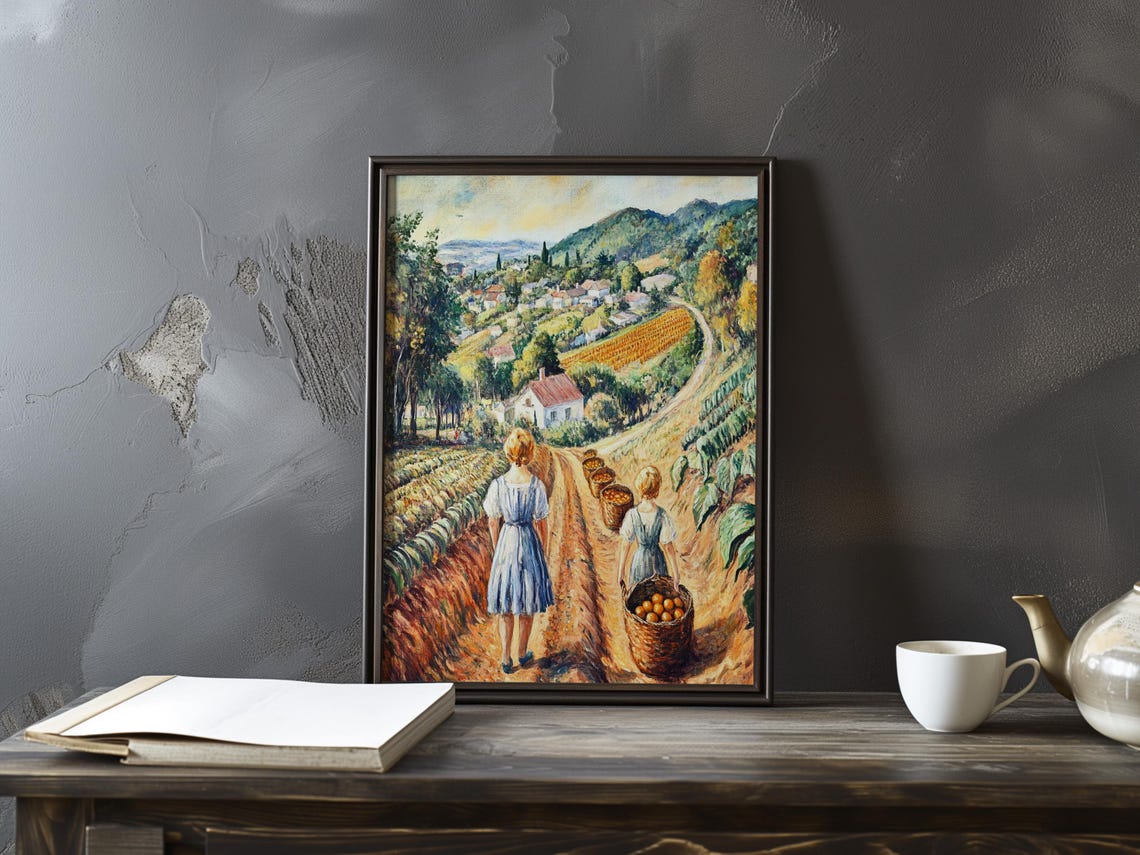 Girls with Fruit Baskets on a Farm Road Impressionist Art Poster