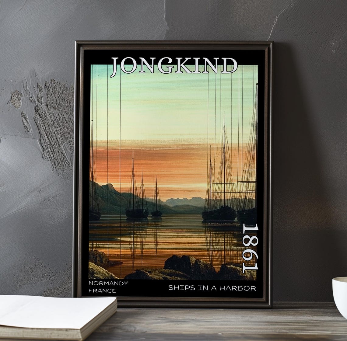 Jongkind 1861 Ships at Anchor Over a Rocky Shore Sunset Poster
