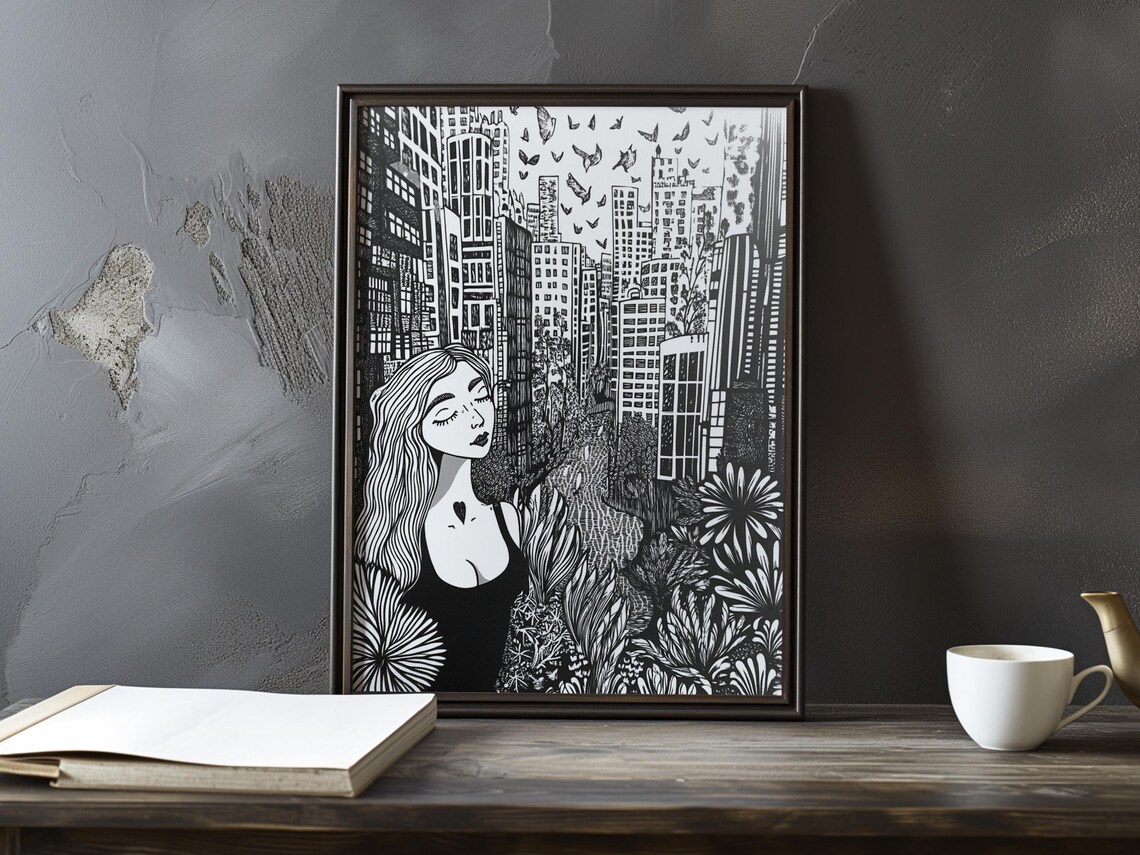 Dreaming Woman in a Floral Cityscape Black and White Art Poster