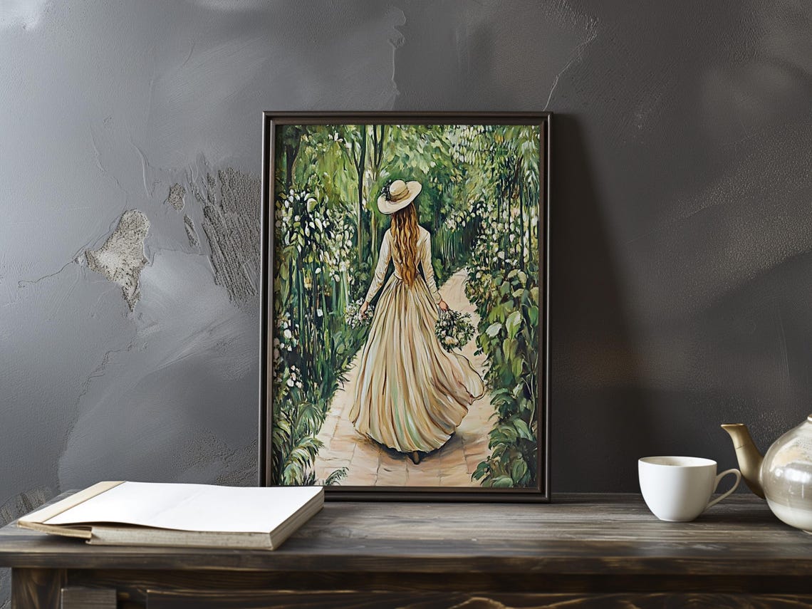 Woman in Long Dress Walking Garden Path Hat Summer Stroll Poster