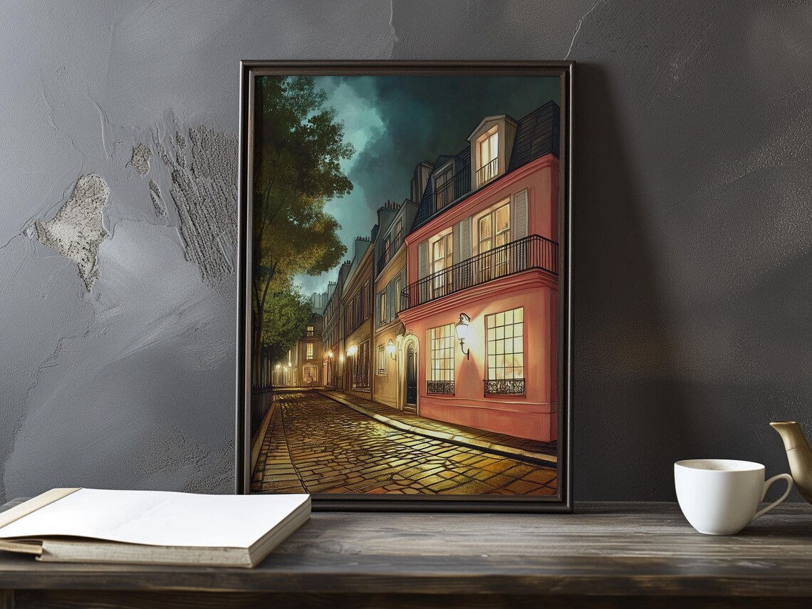 Parisian Street Night Scene Pink Buildings and Balconies Poster