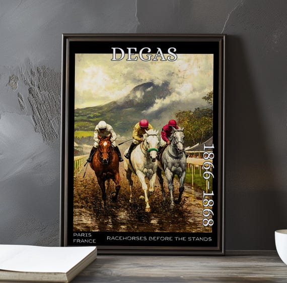 Racehorses Before The Stands 18661868 Edgar Degas Print Poster Equestrian Artwork French Impressionism Jockeys At Track Art Decor