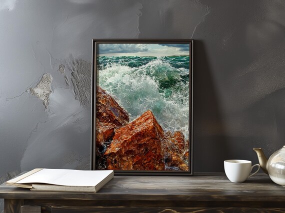 Turquoise Surf Bursting Over Rust Red Rocks Impressionist Ocean Poster