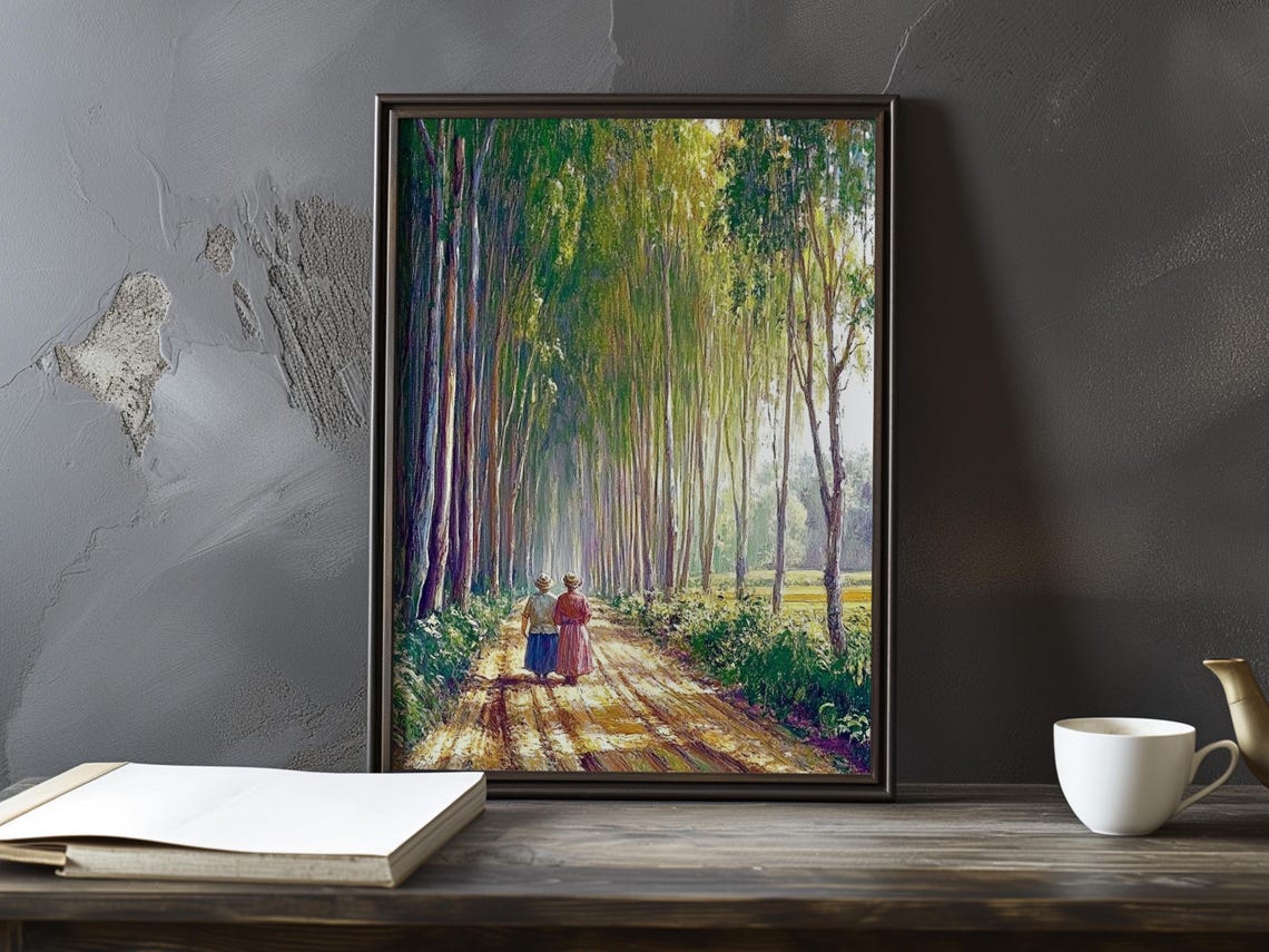 Couple Strolling a Sunlit Road Through a Grove of Tall Trees Poster