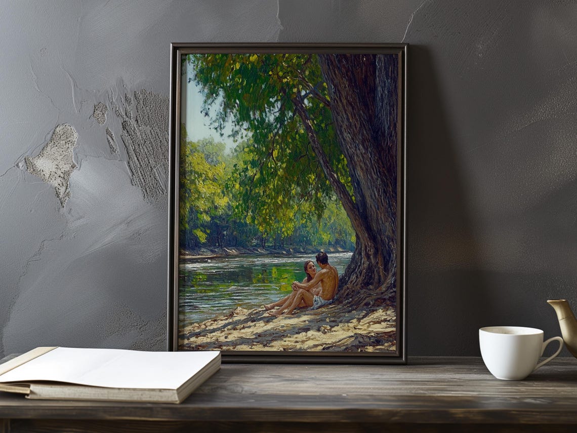 Couple Sitting Beneath a Great Tree on the Summer Riverbank Poster