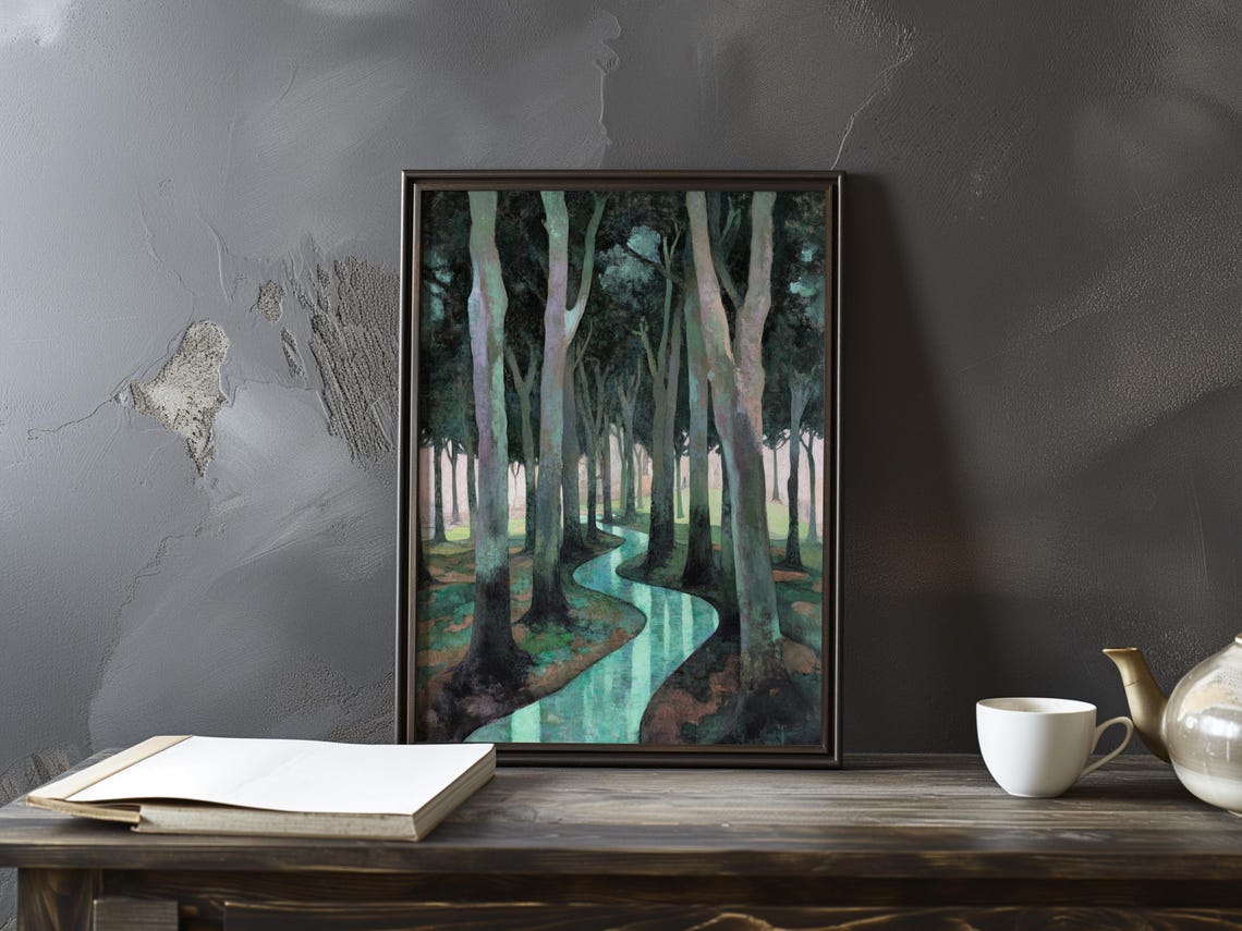 Vallotton Inspired Dark Forest Interior with a Winding Stream Poster