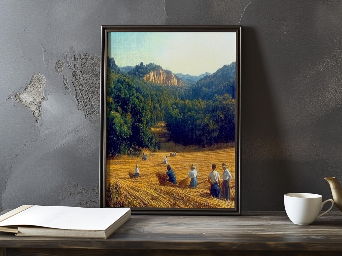 Farmers Harvesting Golden Wheat Fields Beneath Rolling Green Hills Poster