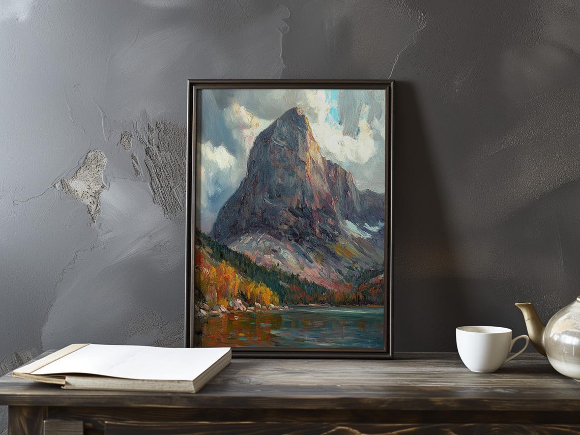 Cezanne-Inspired Dark Mountain Peak Over a Moody Alpine Lake Poster