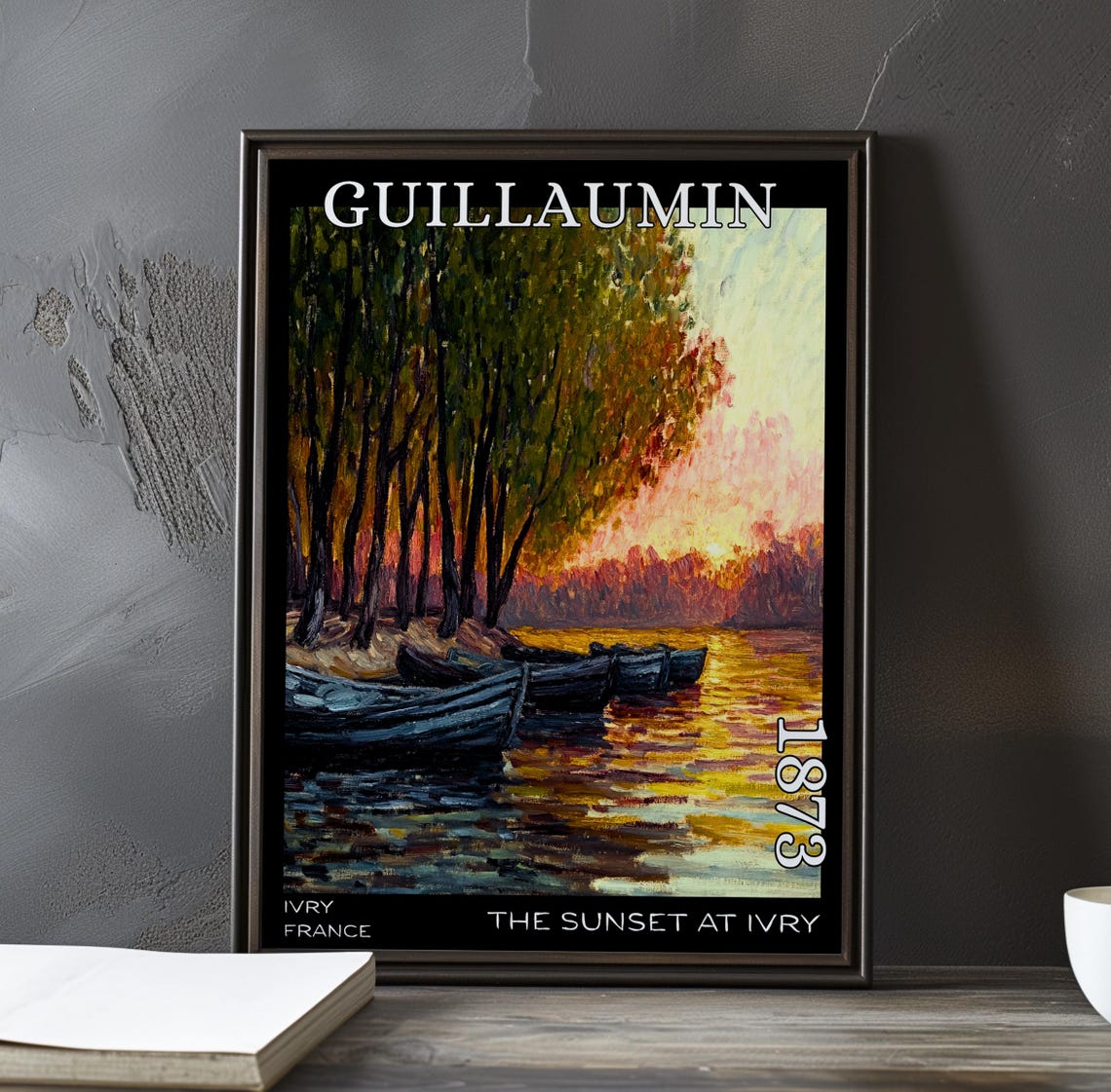 Sunset At Ivry 1873 Guillaumin Moored Boats Green Trees Poster