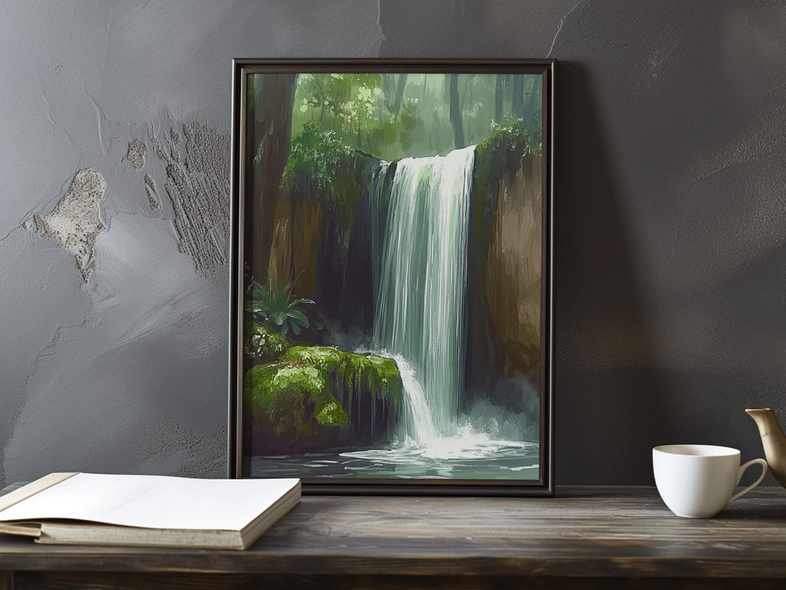Tall Forest Waterfall Cascading Through Mossy Green Woods Poster
