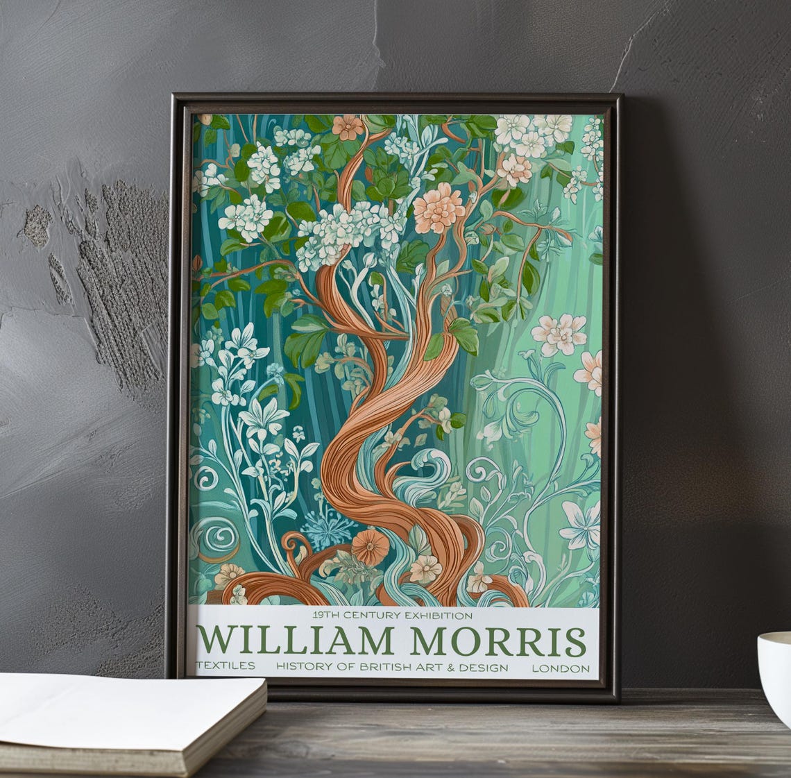 William Morris Twisted Copper Tree with Blossoms on Mint Teal Poster