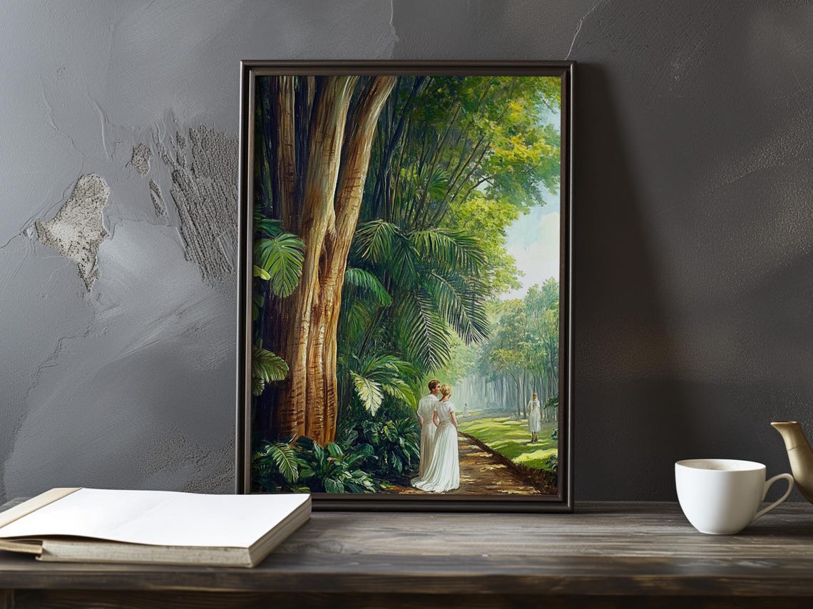 Elegant Couple Strolling Down A Palm-Lined Garden Path Poster