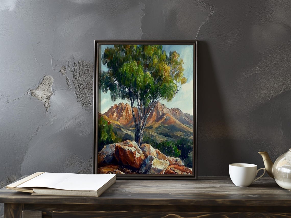 Cezanne-Inspired Lone Tree Before Glowing Red Mountains Poster