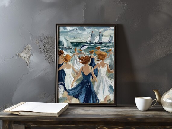 Women Dancing on a Windy Beach by Sailboats Impressionist Art Poster