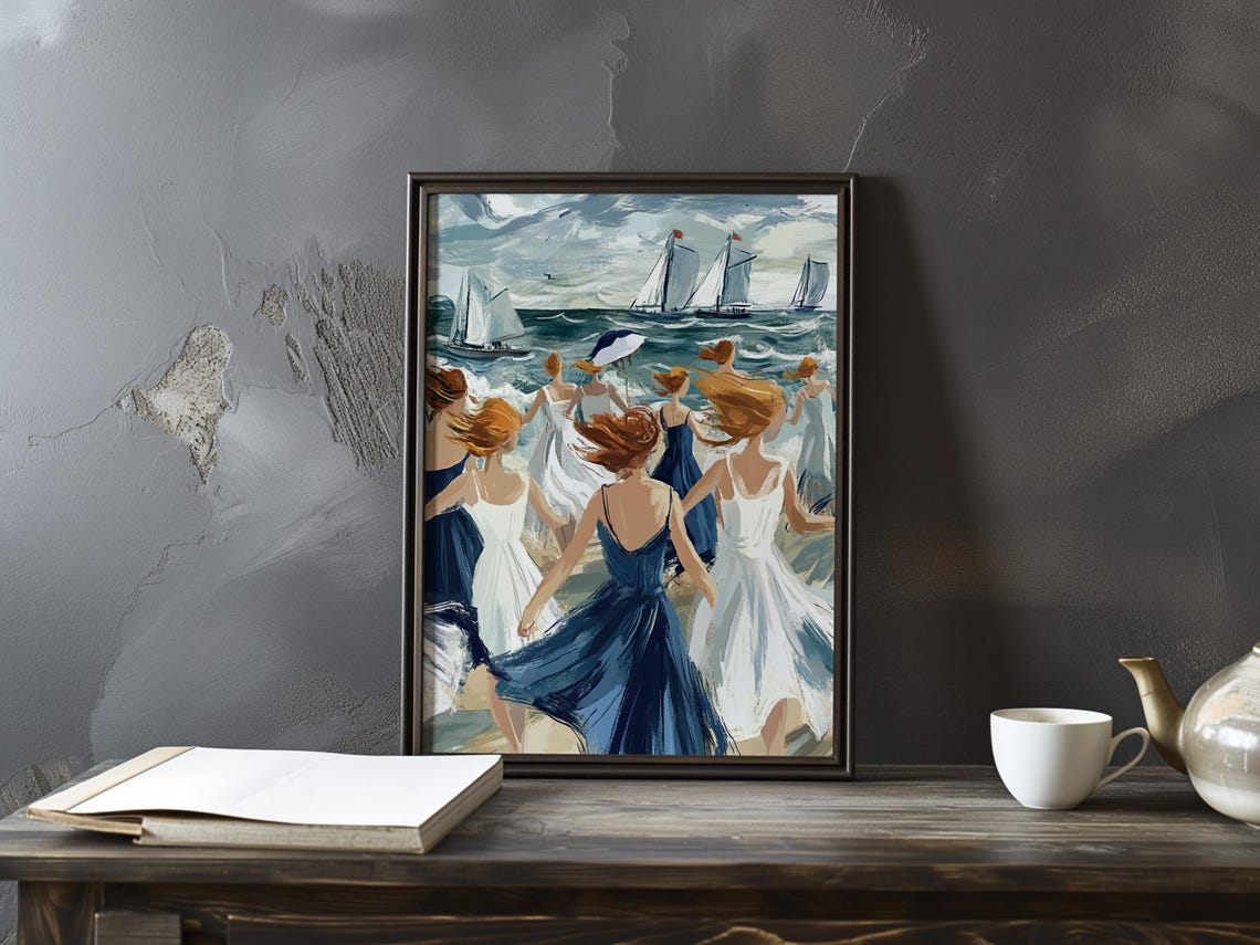 Women Dancing on a Windy Beach by Sailboats Impressionist Art Poster