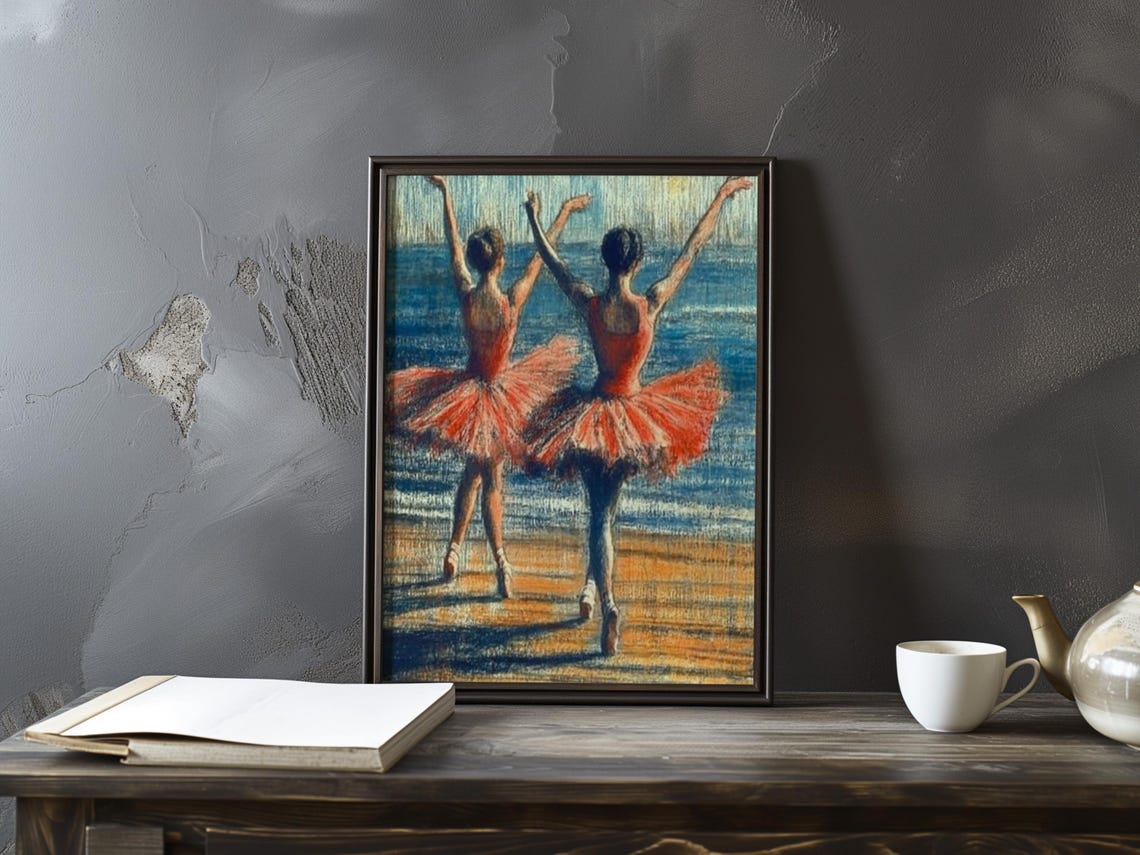 Edgar Degas Two Ballerinas Coral Tutus by the Sea Art Poster