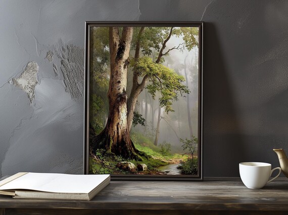 Great Old Tree by a Stream in a Misty Morning Forest Impressionist Poster