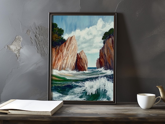 Ochre Cliffs and Emerald Waves Under Bright Clouds Coastal Poster