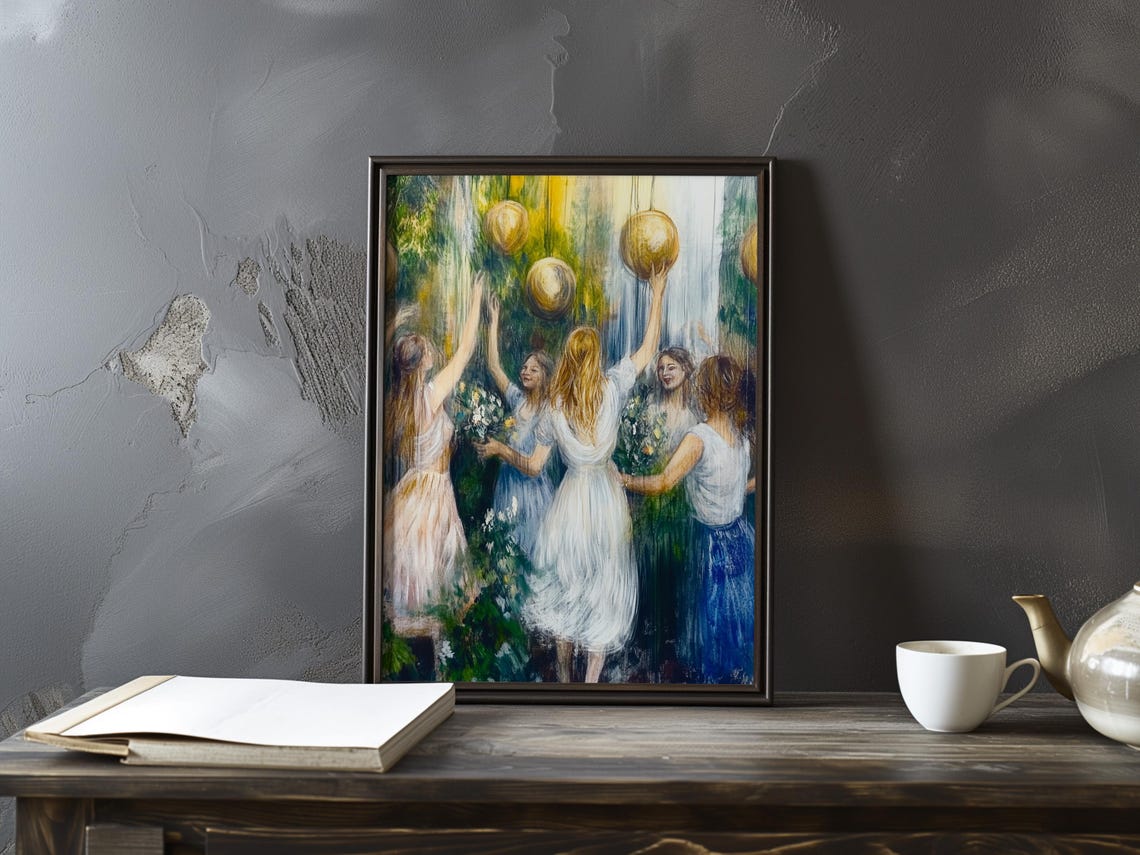 Women Beneath Hanging Golden Lanterns In A Lush Garden Poster