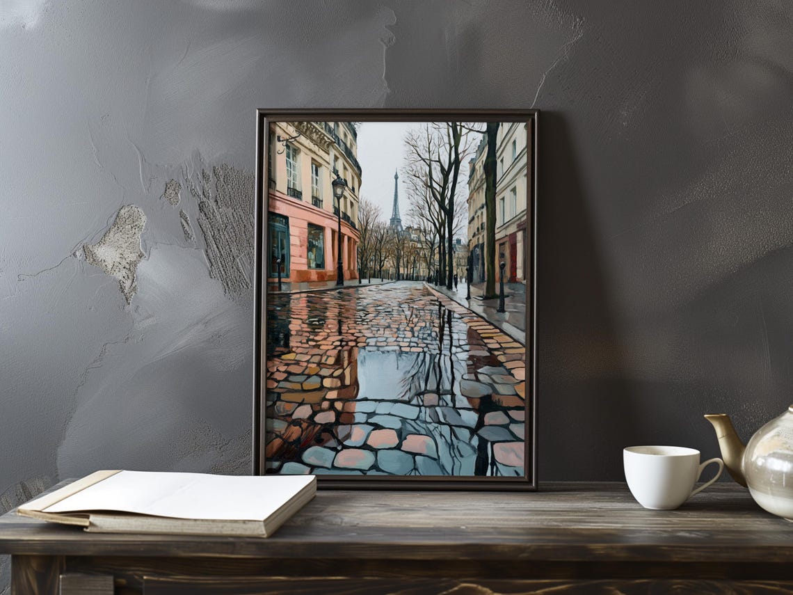 Rainy Paris Street With Eiffel Tower Reflected in Puddles Art Poster