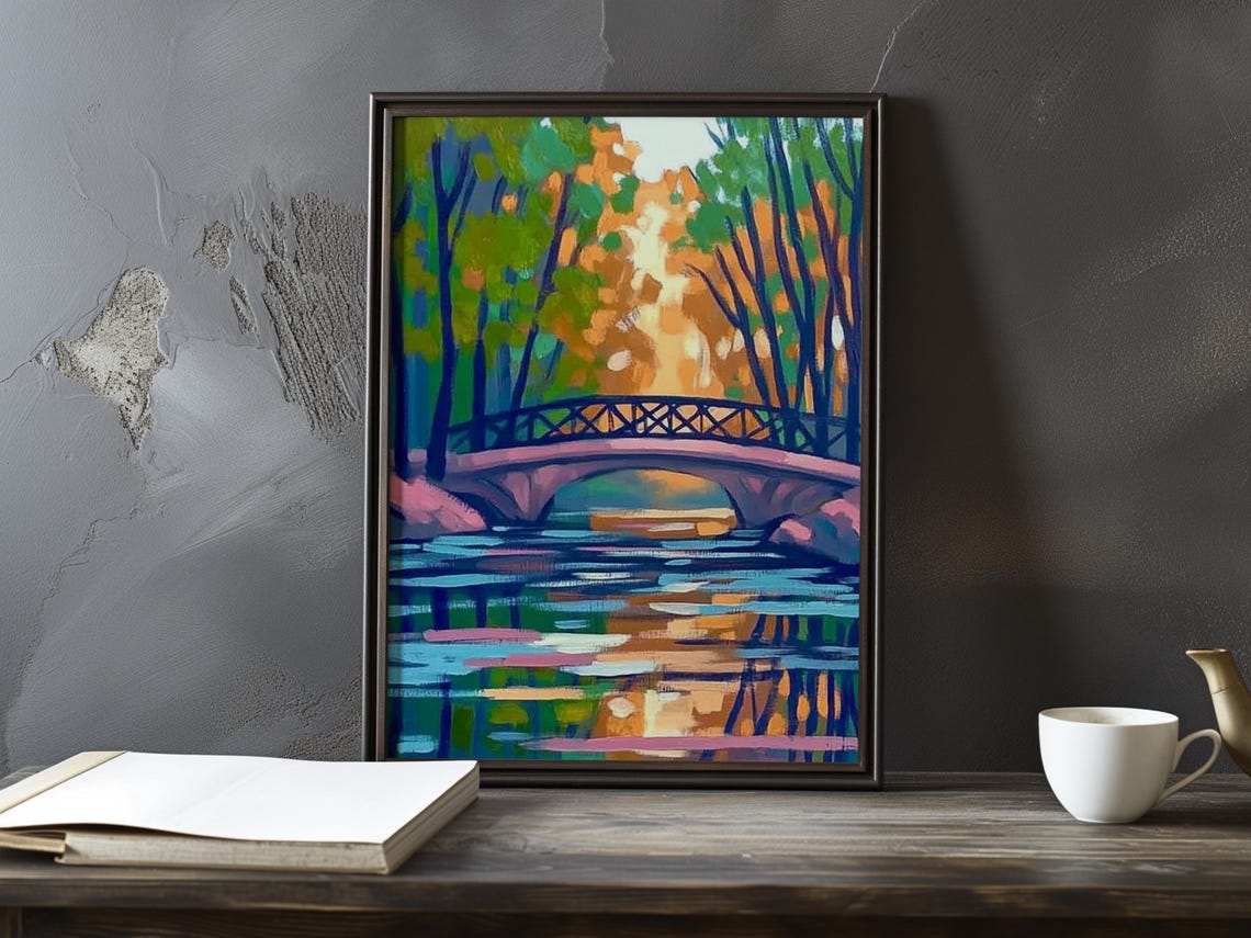 Iron Footbridge Over Colorful Autumn Water Reflection Poster