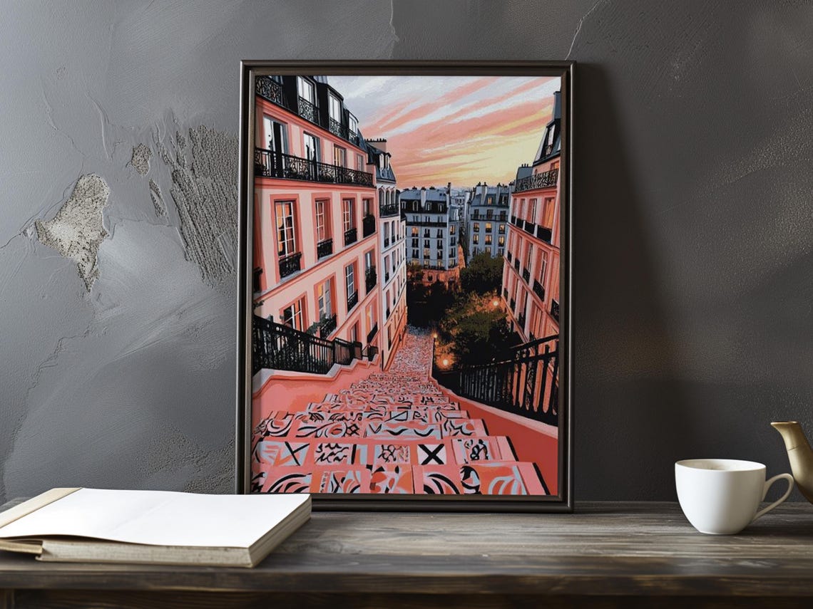 Stylized Montmartre Stairs With Mosaic Steps at Sunset Poster