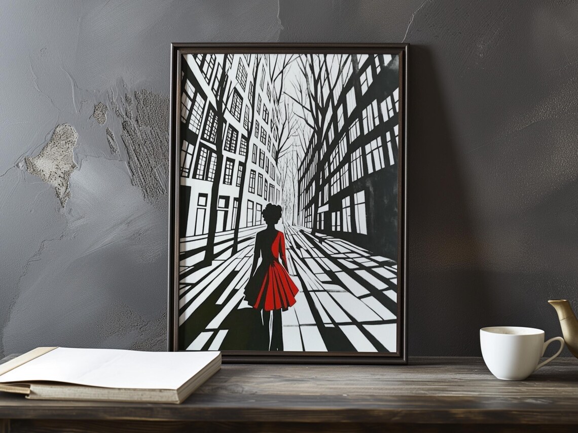 Woman in a Red Dress on a Black and White City Street Poster